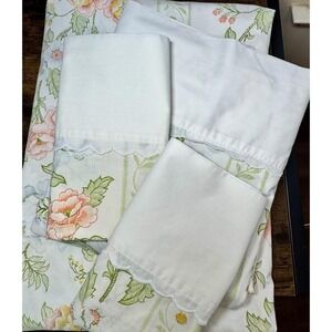 VTG FULL Luxury Percale Sheet Set 4pc 70s Floral Flowers Cottage Country Lace